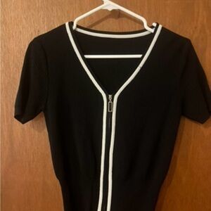 Black Short Sleeve Zip-Up Top with White Trim